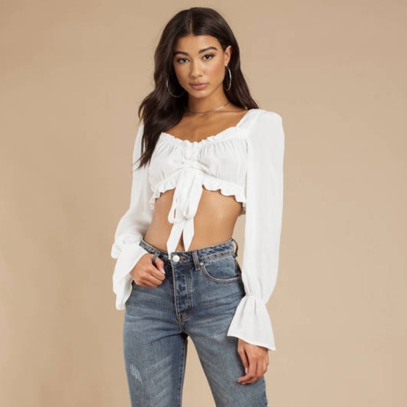 white ruffle crop top long sleeve